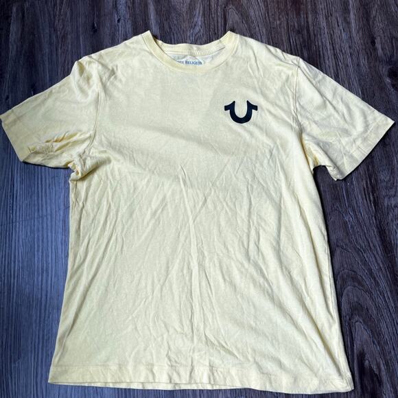 Y2K True Religion Men's MD Pale Yellow Buddha Guitar 2002 Tour Graphic T-shirt - Picture 2 of 5